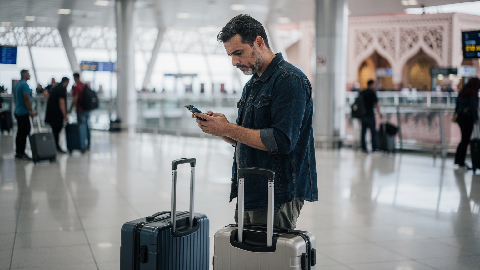 Un voyageur, l'air préoccupé, consulte son téléphone dans le hall des arrivées de l'aéroport Mohammed V de Casablanca, des valises à ses pieds, tandis que d'autres passagers s'activent autour de lui.