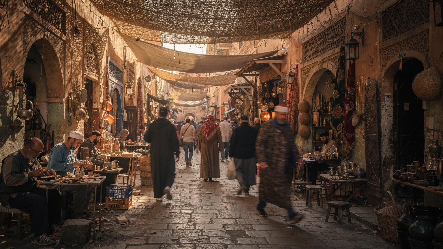 Une ruelle animée de la Médina de Fès, avec des artisans travaillant et des passants déambulant sous un soleil d'après-midi filtré par les auvents, une scène typique du quotidien marocain.
