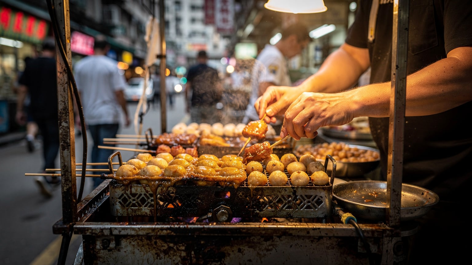 一张香港街边的小吃摊位，摊主正忙着准备食物，背景是熙熙攘攘的行人。小吃摊的灯光和街景展现出浓厚的生活气息。