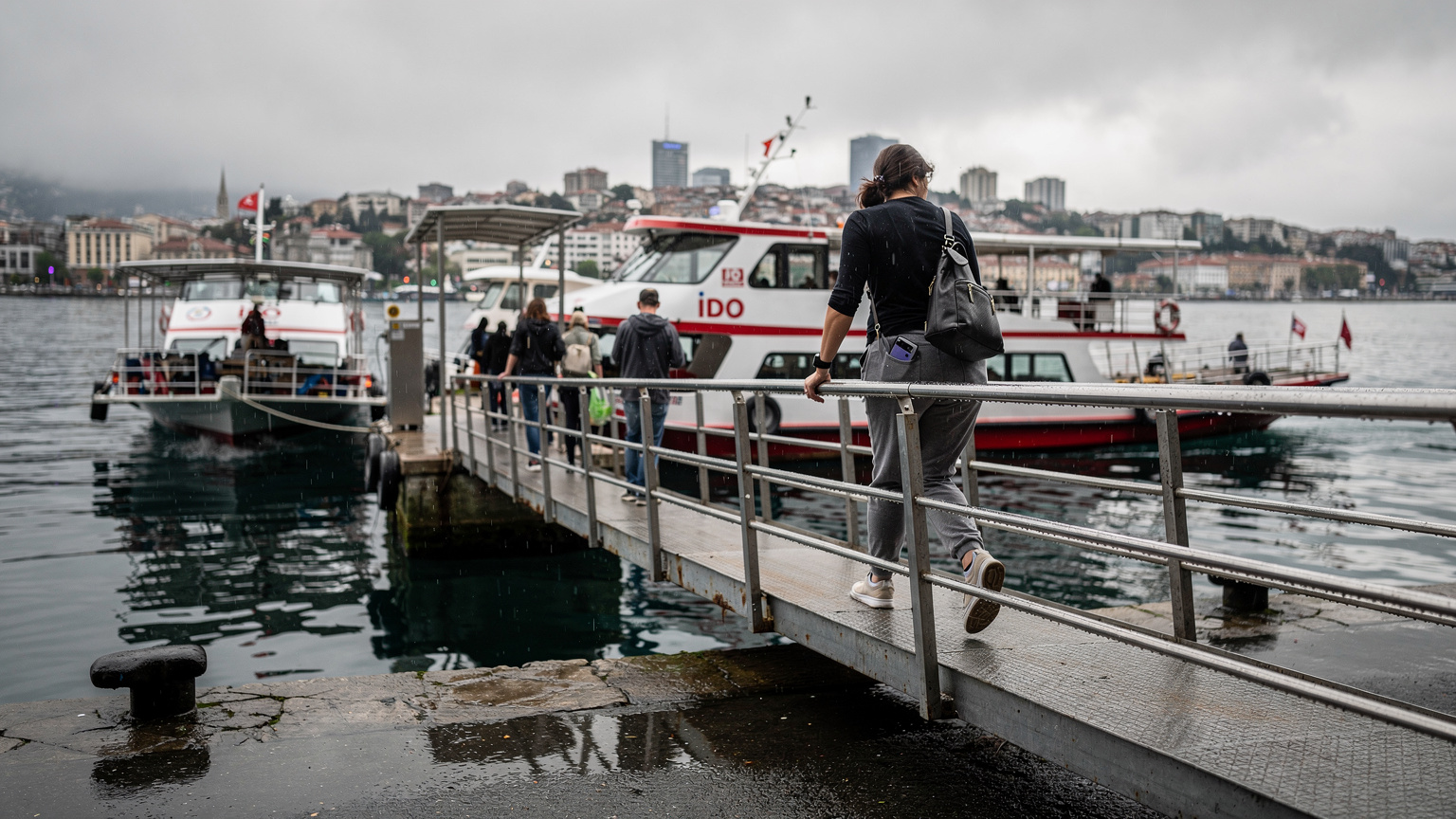 Il molo di Kabataş a Istanbul con i traghetti İDO in partenza, luce grigia di metà pomeriggio