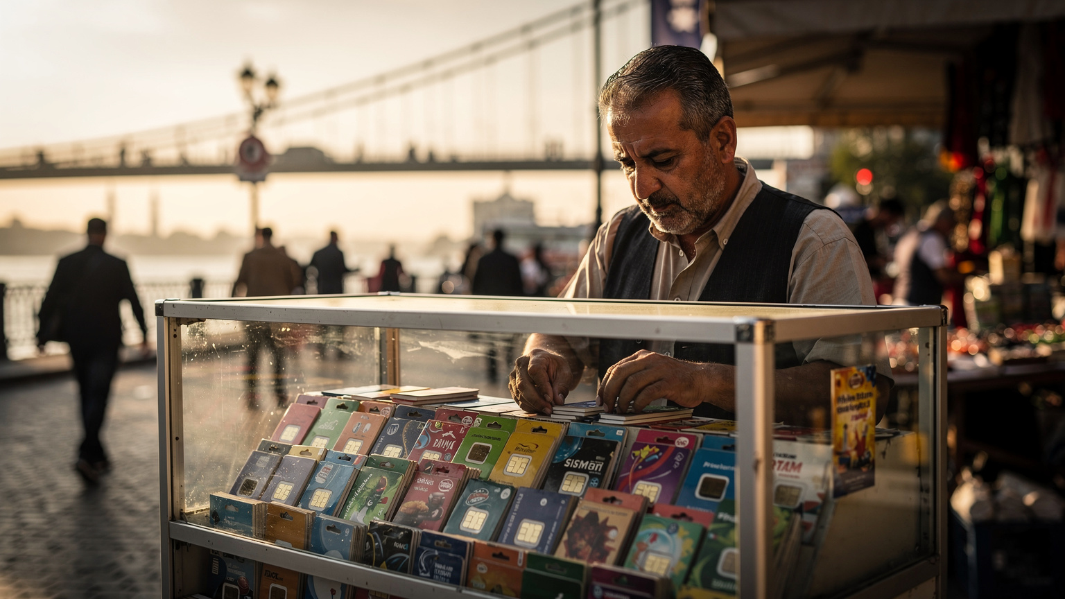 Chiosco di SIM locali a Eminönü, Istanbul, con cartelli colorati e un venditore che sistema i pacchetti