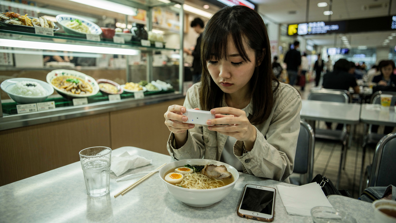 空港のフードコートで、レンタルWi-Fiルーターをじっと見つめる若い女性。
