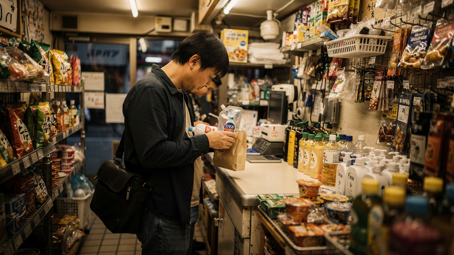 福岡の街角のコンビニレジで、買い物かごと商品を手に並ぶ男性。