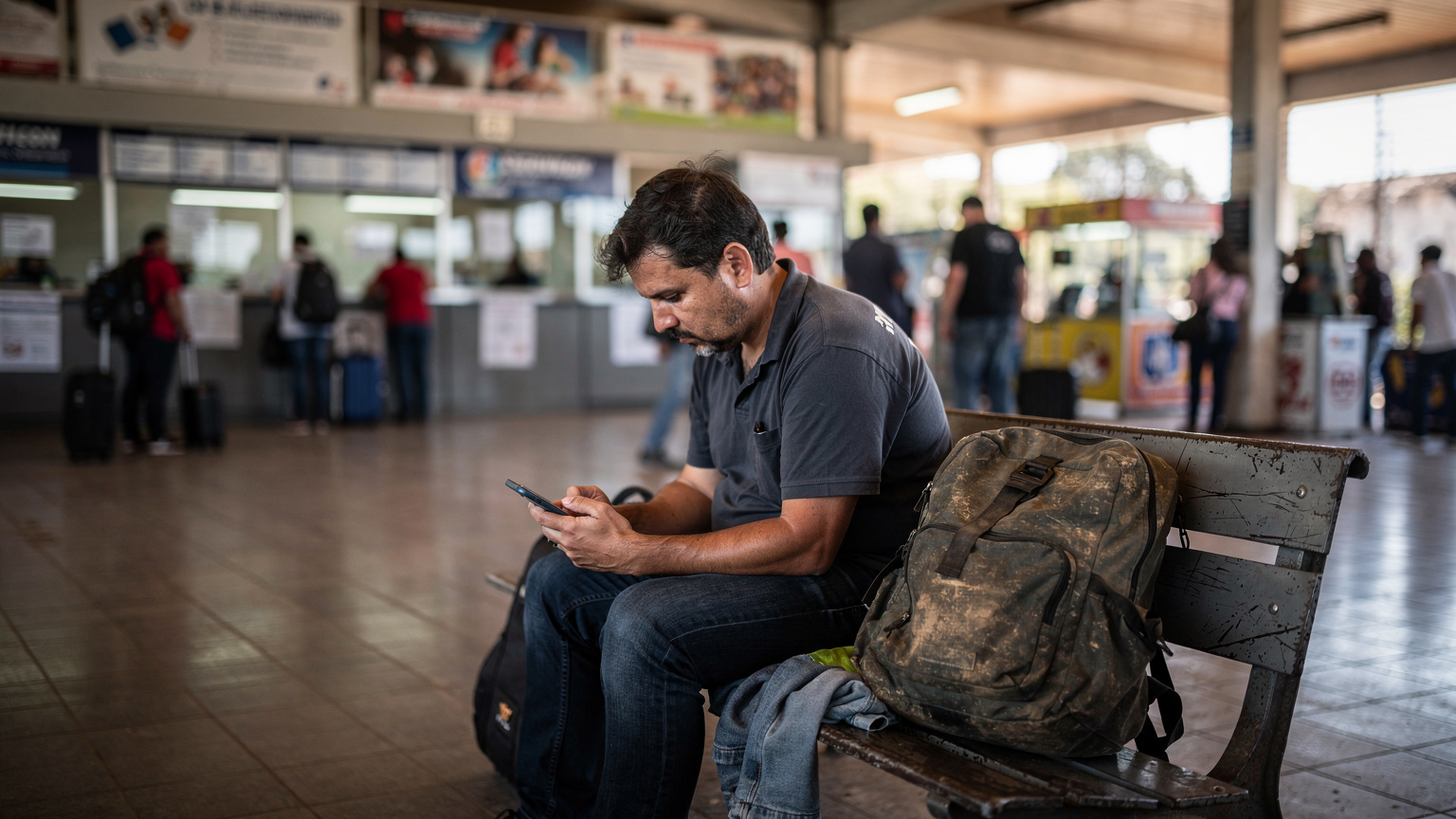 Un viajero cansado sentado en un banco de la estación de buses de Asunción, La Terminal, consultando su teléfono en busca de información de rutas, con una mochila a sus pies y el ajetreo de la gente pasando en el fondo, luz tenue de tarde.
