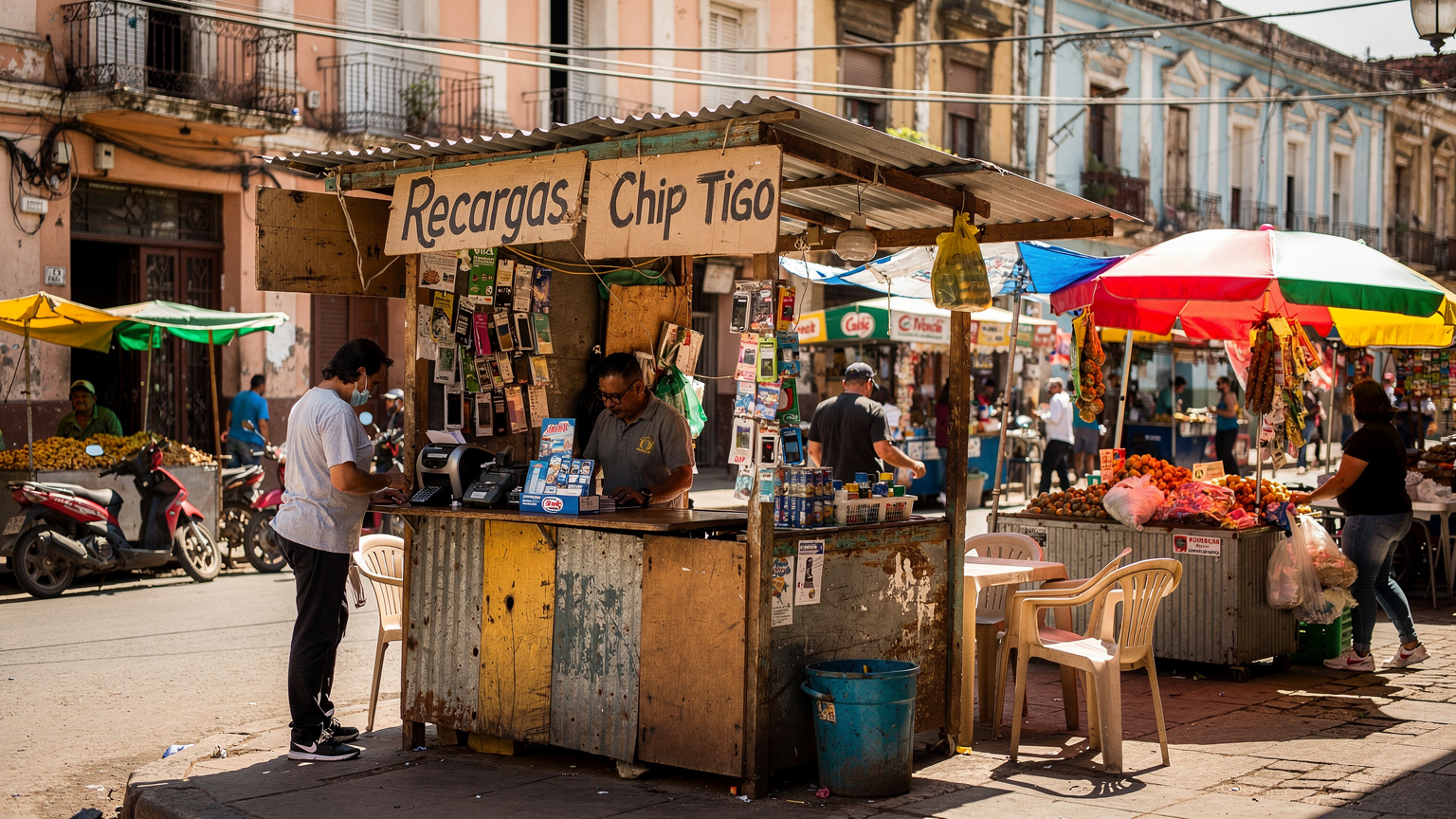 Un pequeño puesto callejero en el barrio de La Chacarita de Asunción, con carteles escritos a mano ofreciendo recargas de saldo y tarjetas SIM, rodeado de productos locales y la vida cotidiana de la calle.