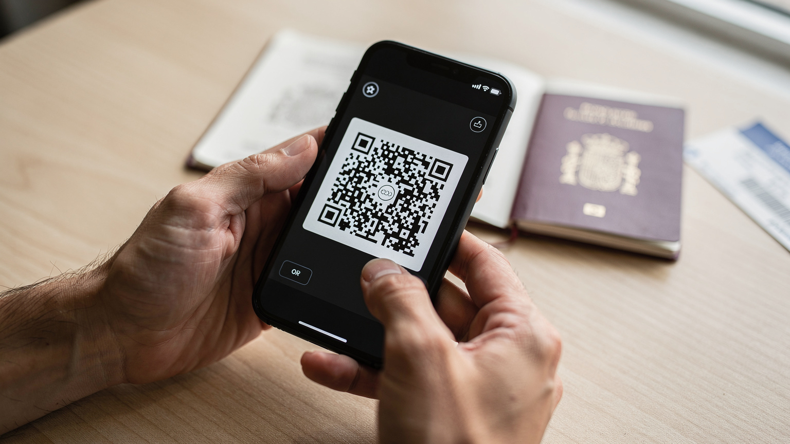 Manos de un viajero sosteniendo un smartphone y escaneando un código QR para activar una eSIM, con un pasaporte español abierto y una tarjeta de embarque discretamente visibles en una mesa de madera clara.