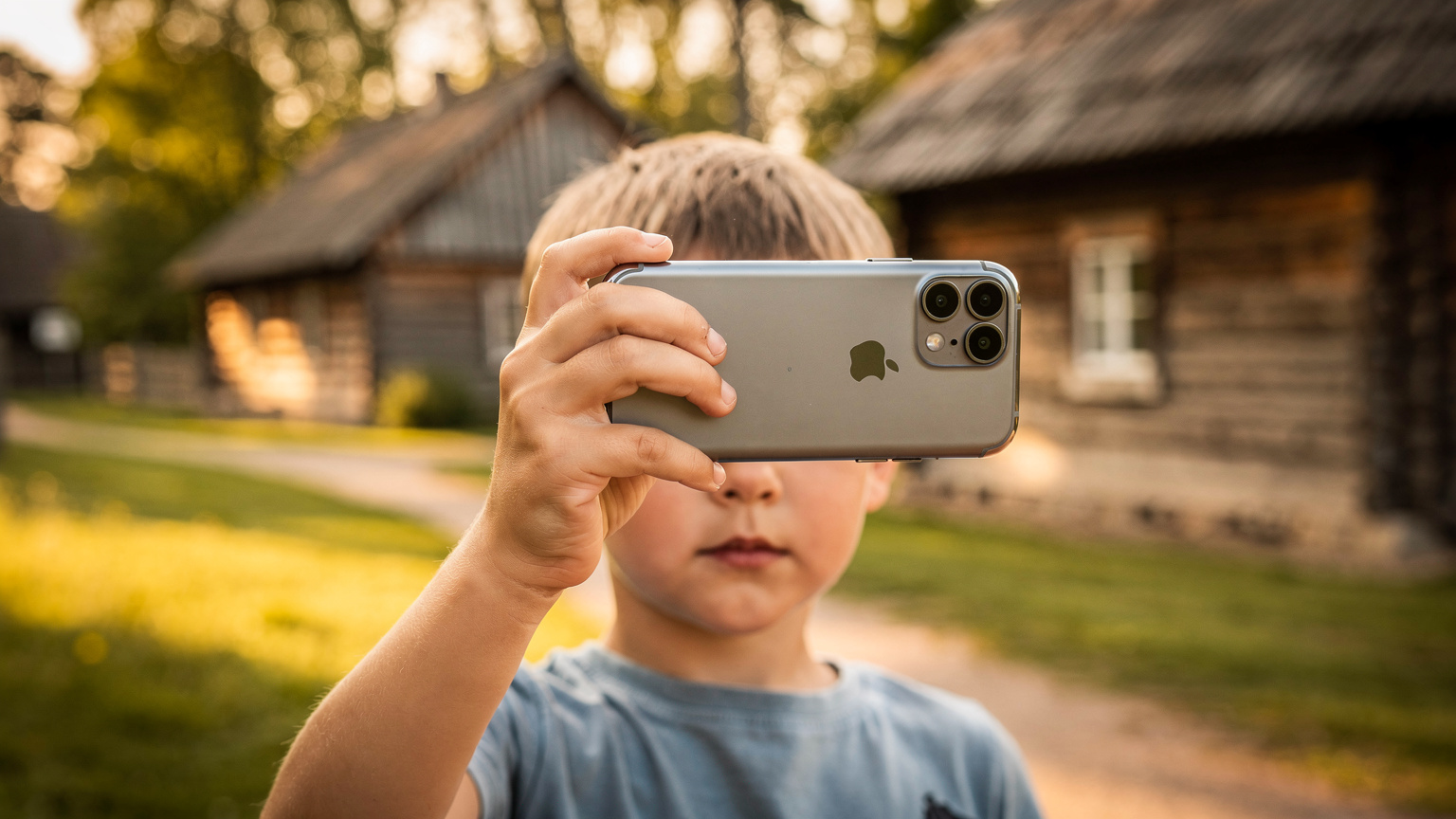 Kind houdt telefoon omhoog in het Estse Openluchtmuseum, met houten boerderijen op de achtergrond