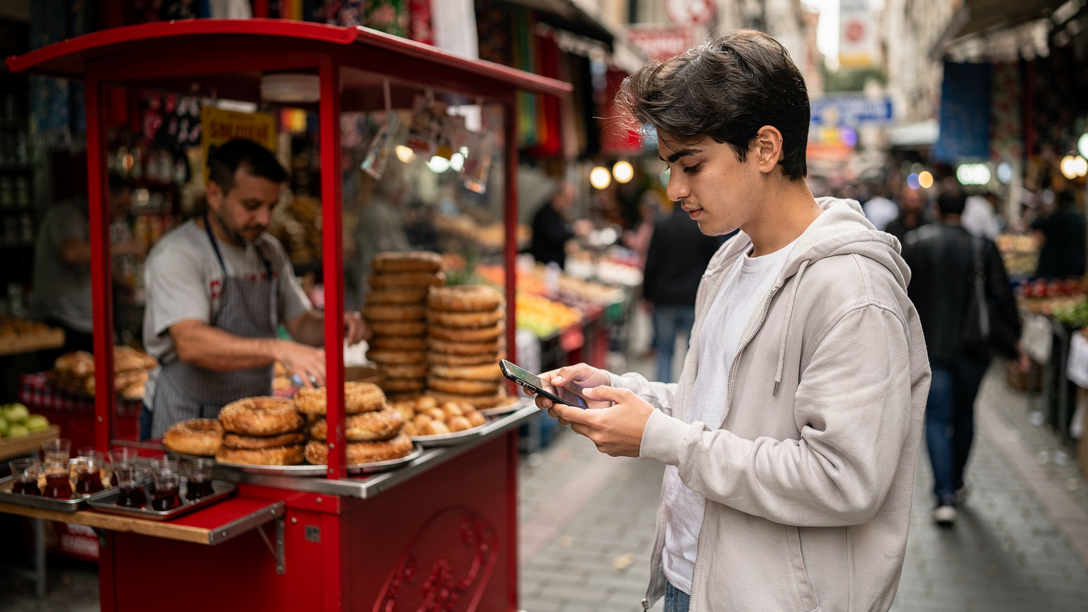 Hareketli bir İstanbul pazarında, bir seyyar simitçinin önünde durmuş, elinde bir mobil cihazla ödeme yapmak için uğraşan genç bir adamın yakından çekimi.