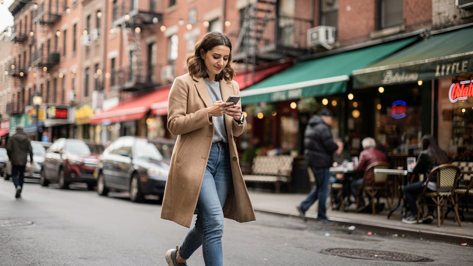 Uma viajante consulta o mapa em seu smartphone enquanto caminha pelas ruas movimentadas do bairro de Little Italy, em Nova York, com fachadas coloridas de restaurantes e lojas ao fundo.