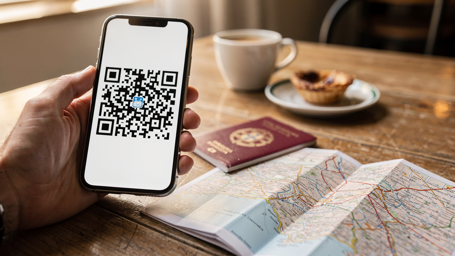 Uma mão segura um smartphone mostrando um código QR na tela, pronto para ser escaneado, com um passaporte e um mapa dobrado sobre uma mesa de madeira em um café aconchegante.