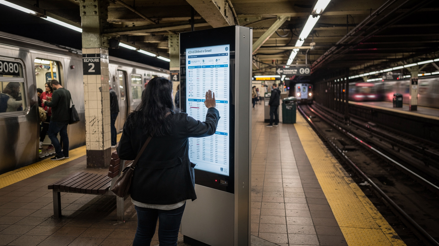 Uma pessoa em frente a um quiosque de informações de trânsito digital em uma estação de metrô da MTA em Nova York, verificando horários e rotas, com o ambiente movimentado ao fundo.