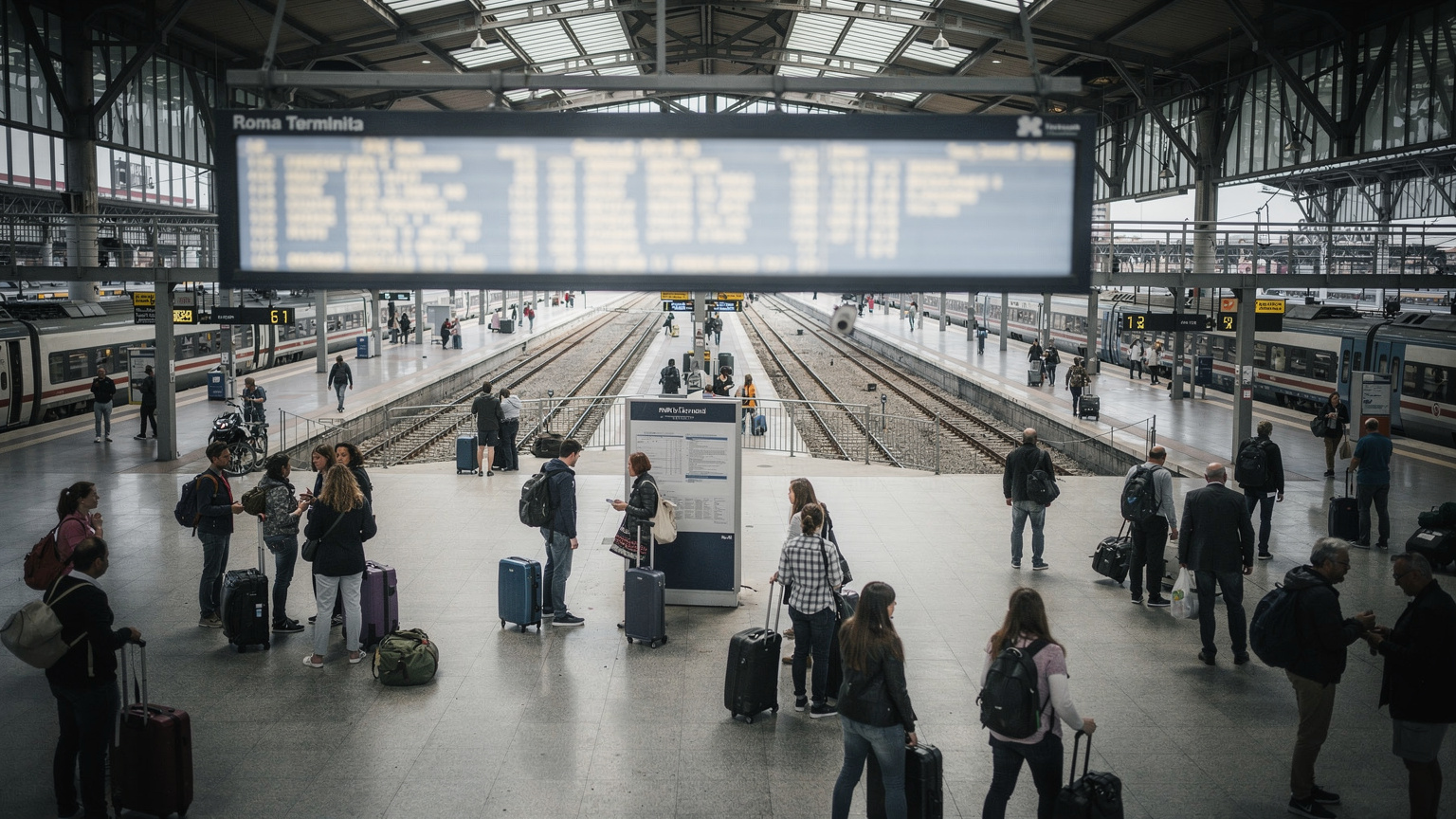 Preplnená vlaková stanica Termini v Ríme, kde cestujúci čakajú na nástupišti na vlak, s digitálnymi tabuľami zobrazujúcimi odchody a príchody. V pozadí sú viditeľné ďalšie vlaky a ruch stanice.