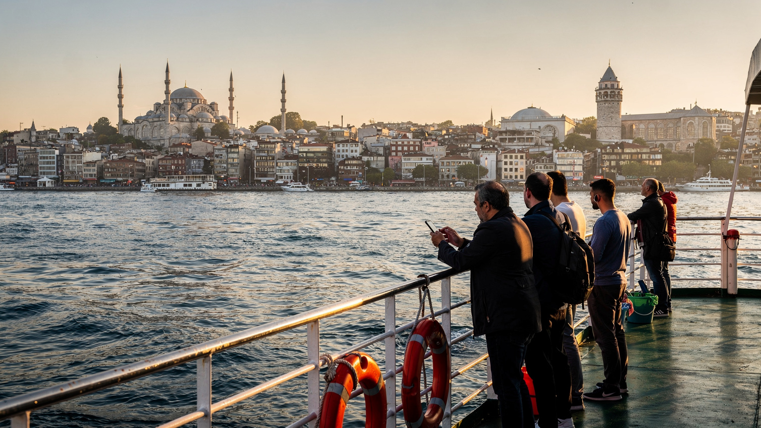 Traghetto da Kadıköy verso Eminönü al tramonto, con passeggeri al parapetto e il profilo della città di Istanbul sullo sfondo