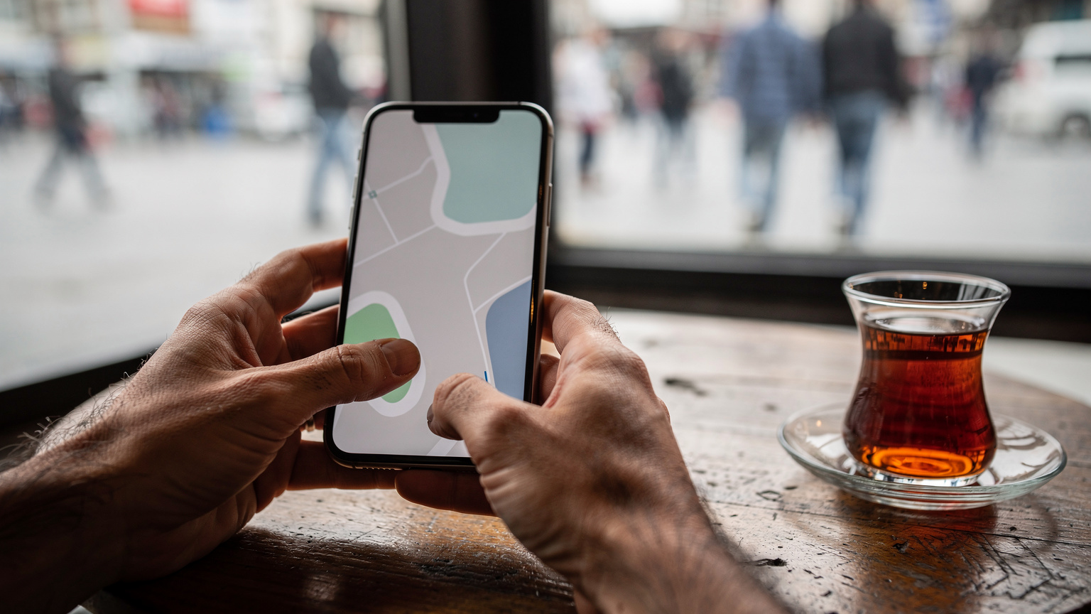 Primo piano di mani che usano uno smartphone con un bicchiere di çay turco sul tavolo di un caffè a Kadıköy