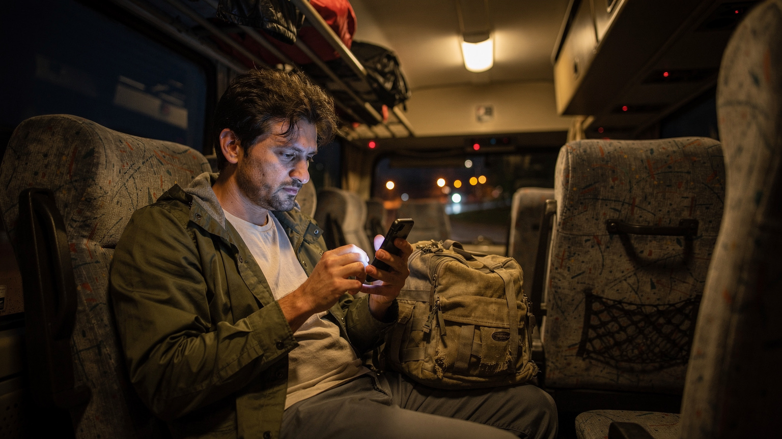 Ein müder Reisender sitzt in einem Nachtbus irgendwo in Südosteuropa, nur von seinem Handybildschirm beleuchtet, auf dem er eine Route verfolgt. Der Bus ist alt und die Sitze abgenutzt.