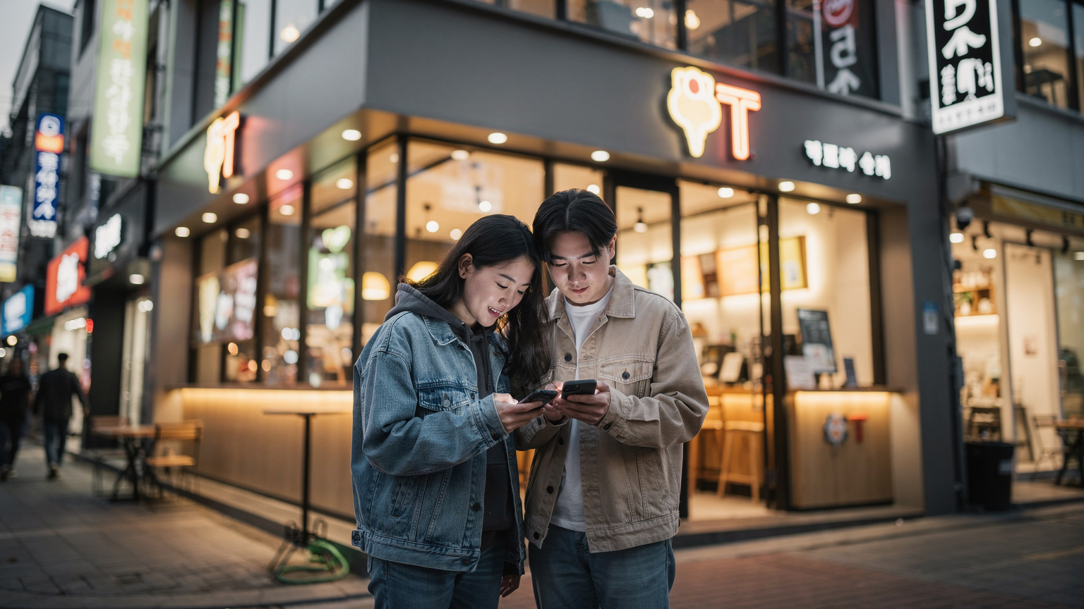 Một cặp vợ chồng trẻ Việt Nam đang đứng trước cổng vào một quán cà phê hiện đại ở khu phố Hongdae, Seoul, với biển hiệu sáng đèn và kiến trúc độc đáo, chuẩn bị bước vào để tìm Wi-Fi.