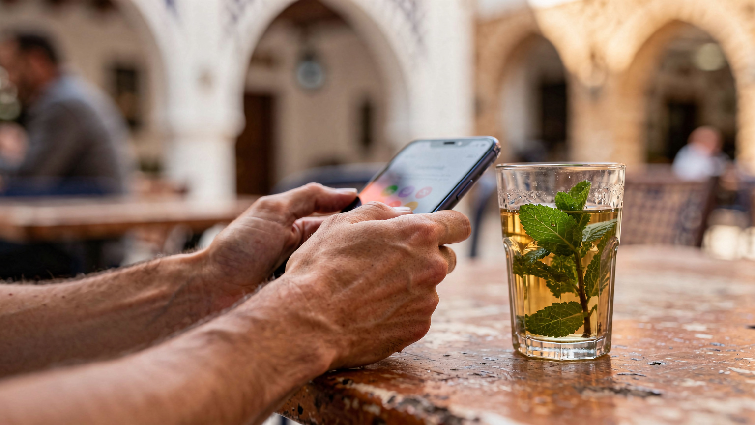Mains d'un voyageur activant une eSIM sur un téléphone à la terrasse d'un café dans la médina de Sousse, thé à la menthe à côté