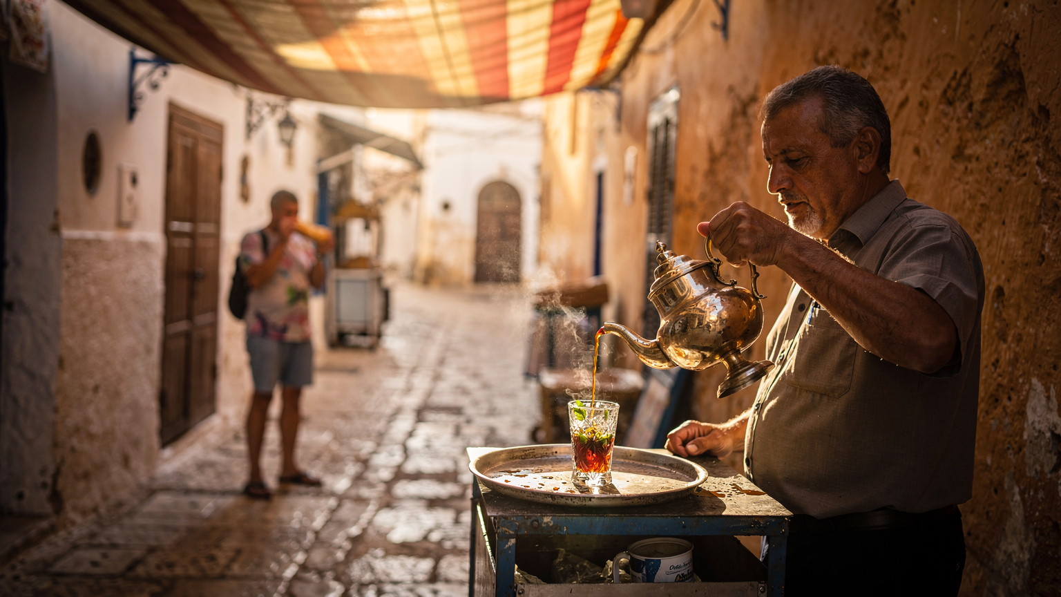 Vendeur de thé à la menthe dans la médina de Sousse versant du thé dans un verre, lumière dorée à travers un auvent