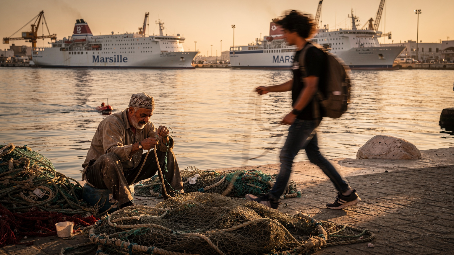 Port de La Goulette à Tunis avec un ferry pour Marseille, pêcheur réparant ses filets, lumière dorée du couchant