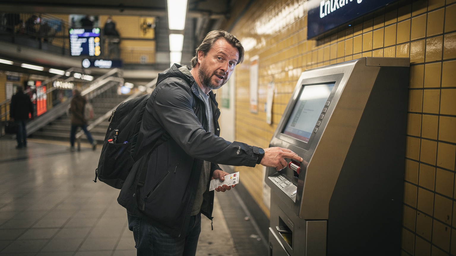 Ein Reisender steht mit ratlosem Blick an einem defekten Fahrkartenautomaten in der Berliner U-Bahnstation Alexanderplatz.