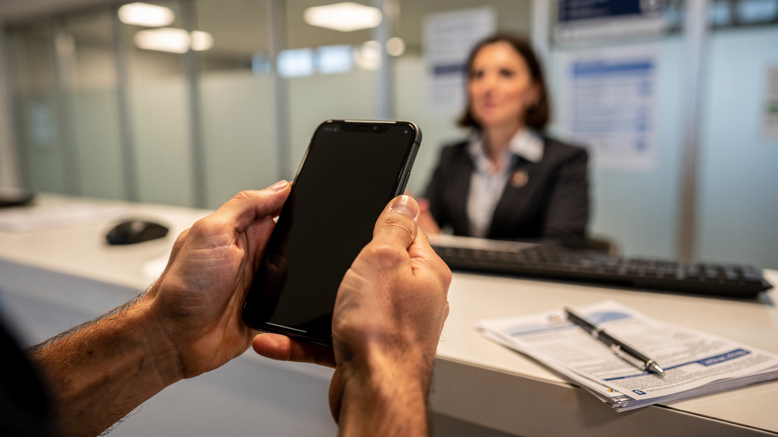 Nahaufnahme von Händen, die ein Smartphone halten, während eine Person am Schalter einer Autovermietung am Flughafen Rom Fiumicino spricht.