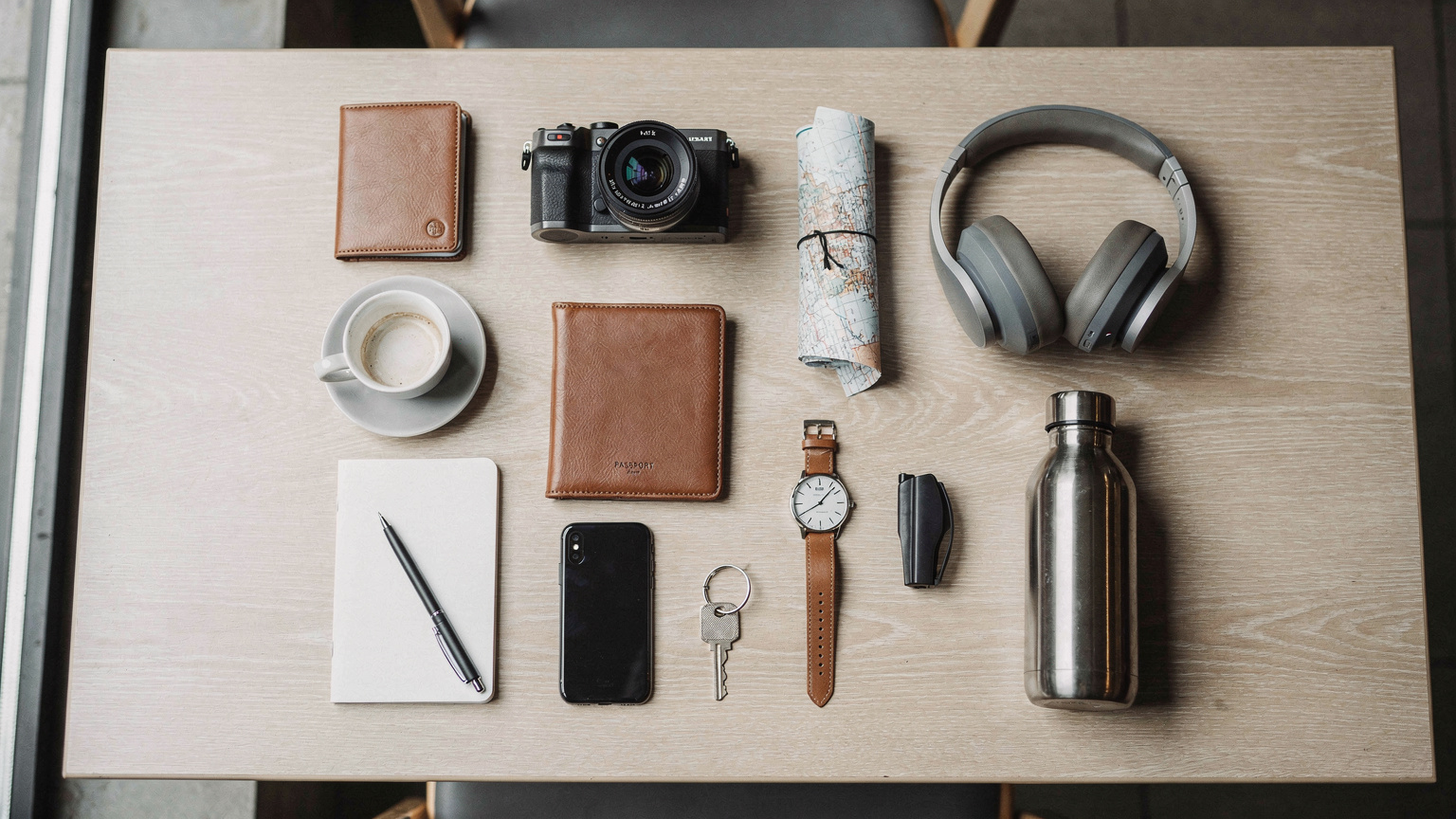 Ein Overhead-Flatlay zeigt einen Reisepass, ein Smartphone, Kopfhörer und eine zusammengefaltete Karte auf einem Holztisch, bereit für die Reise.