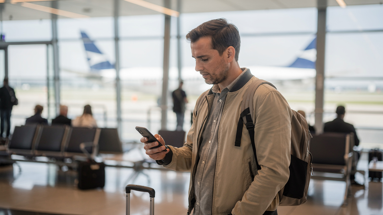 Ein Reisender prüft seine Flugdaten auf einem Smartphone, während er an einem belebten Gate des Flughafens Berlin Brandenburg (BER) auf seinen Abflug wartet.