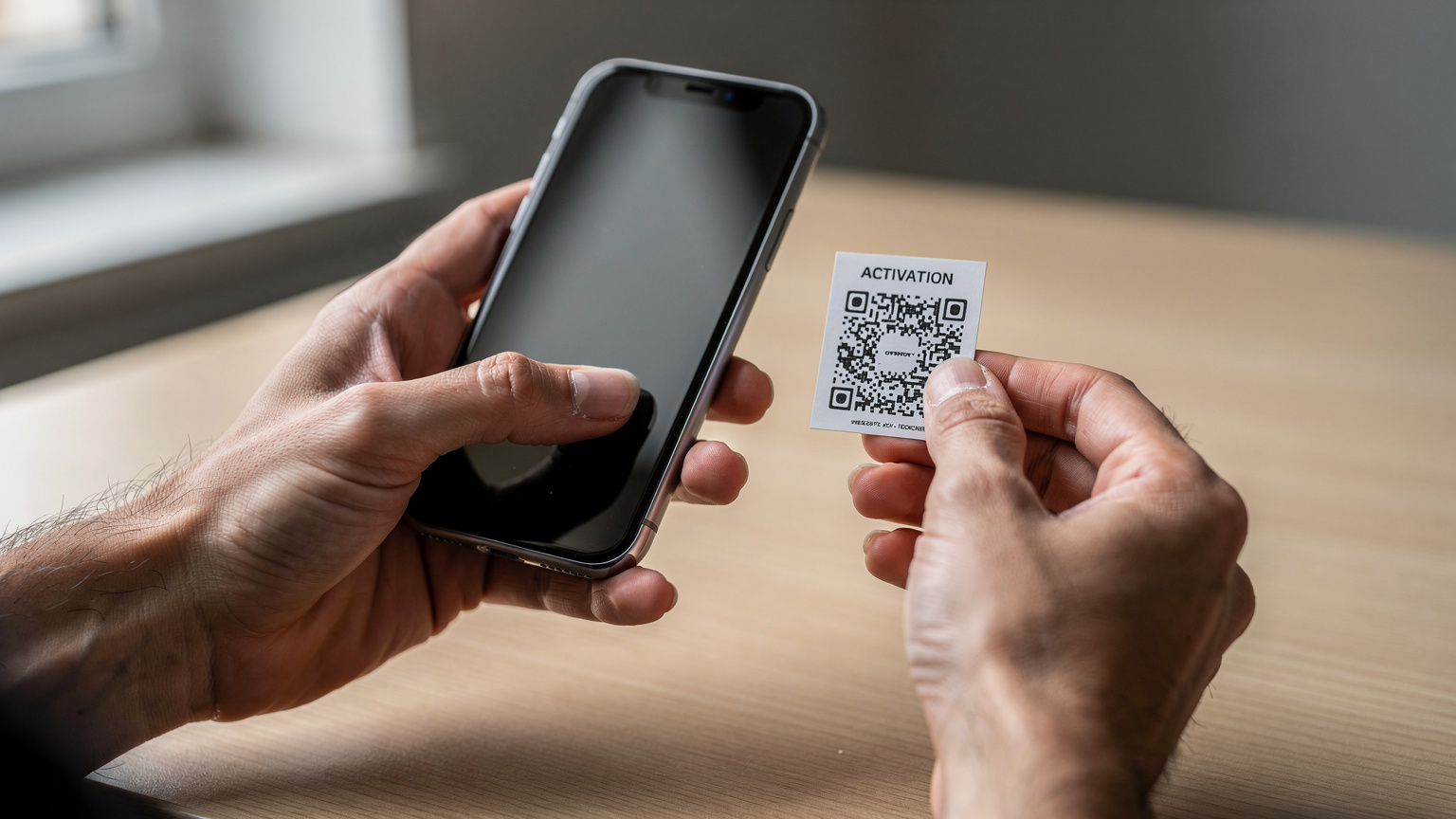 Nahaufnahme von Händen, die ein Smartphone halten und einen kleinen, gedruckten QR-Code von einem Aktivierungsblatt scannen.