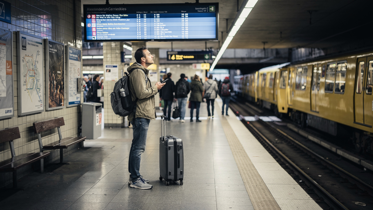 Eine Person steht nachdenklich vor einem U-Bahn-Fahrplan in Berlin-Mitte, ihr Smartphone in der Hand, umgeben von der urbanen Atmosphäre.