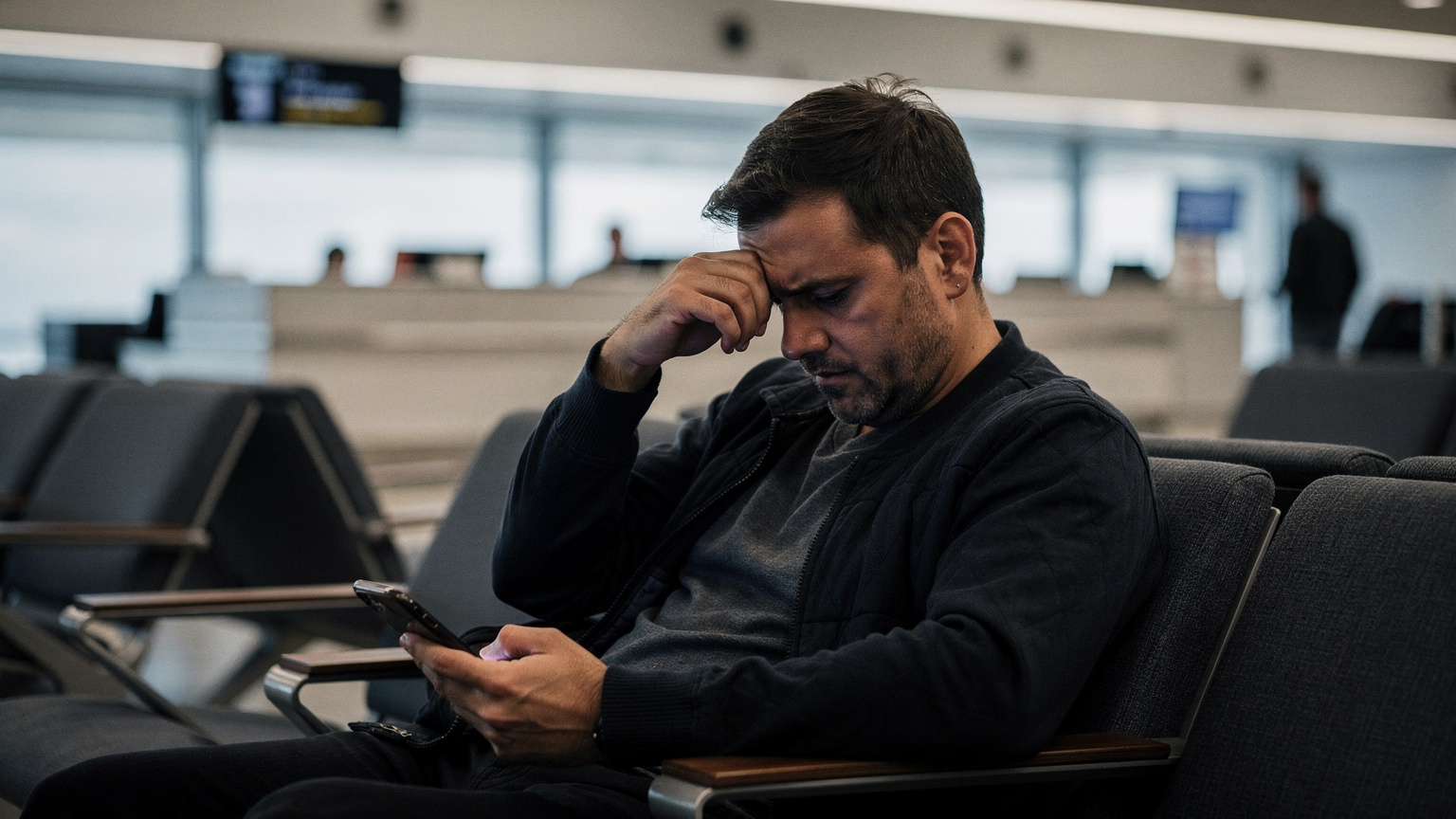 Ein Reisender sitzt in einem ruhigen Bereich eines Flughafens, den Kopf in die Hand gestützt, blickt besorgt auf ein ausgeschaltetes Smartphone, die Umgebung deutet auf eine Wartezone hin.