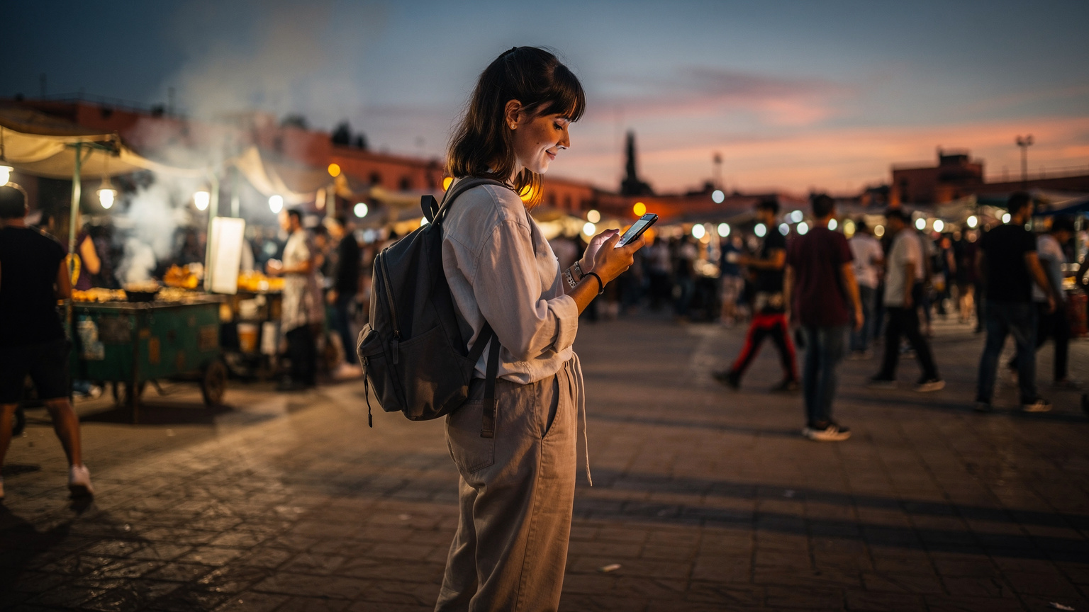 Traveler in Marrakech Jemaa el-Fnaa square using smartphone, natural light.