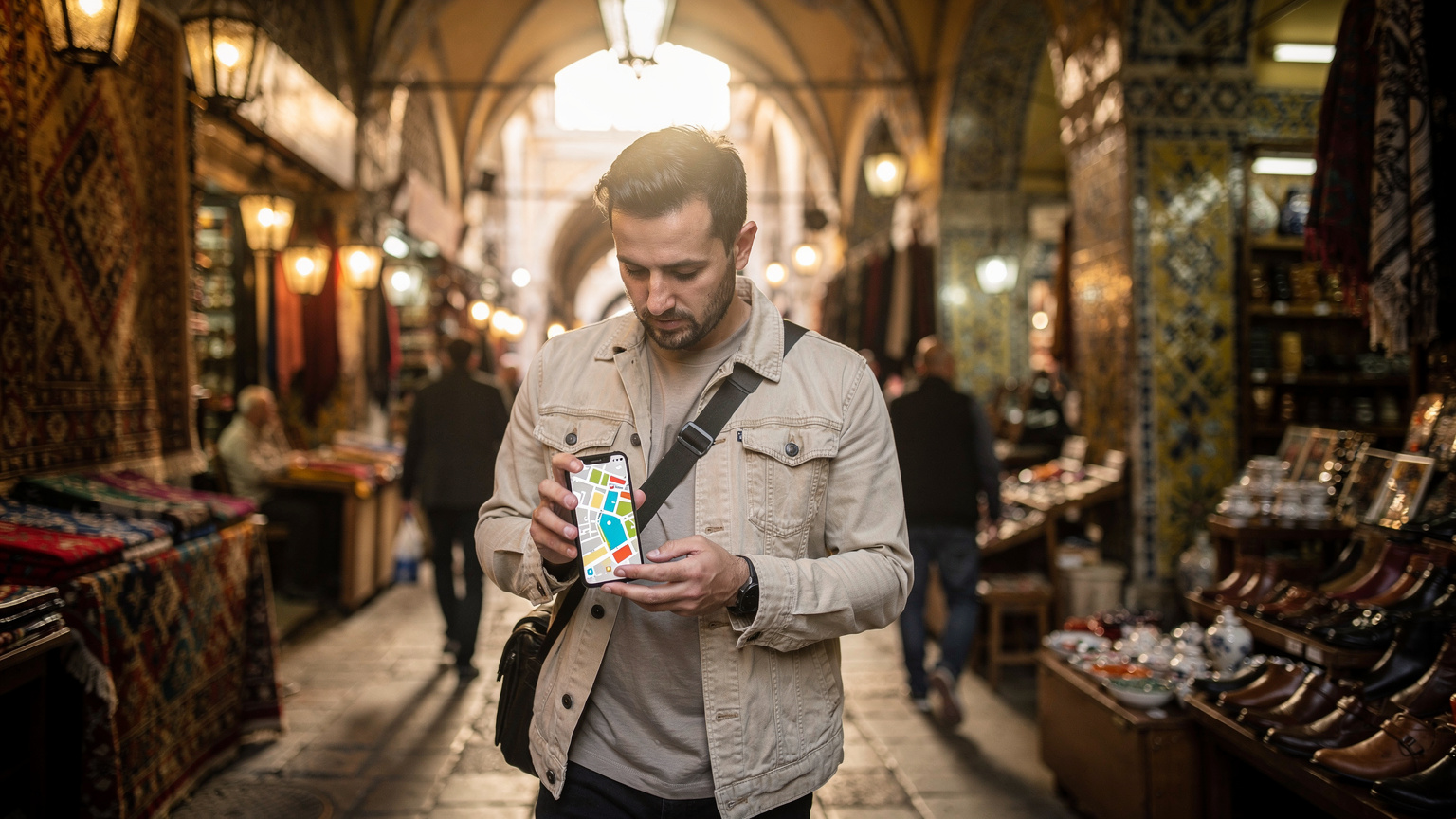 Un viaggiatore guarda la mappa sul telefono mentre cammina tra i vicoli del Grand Bazaar di Istanbul, illuminati dalla luce mattutina filtrata.