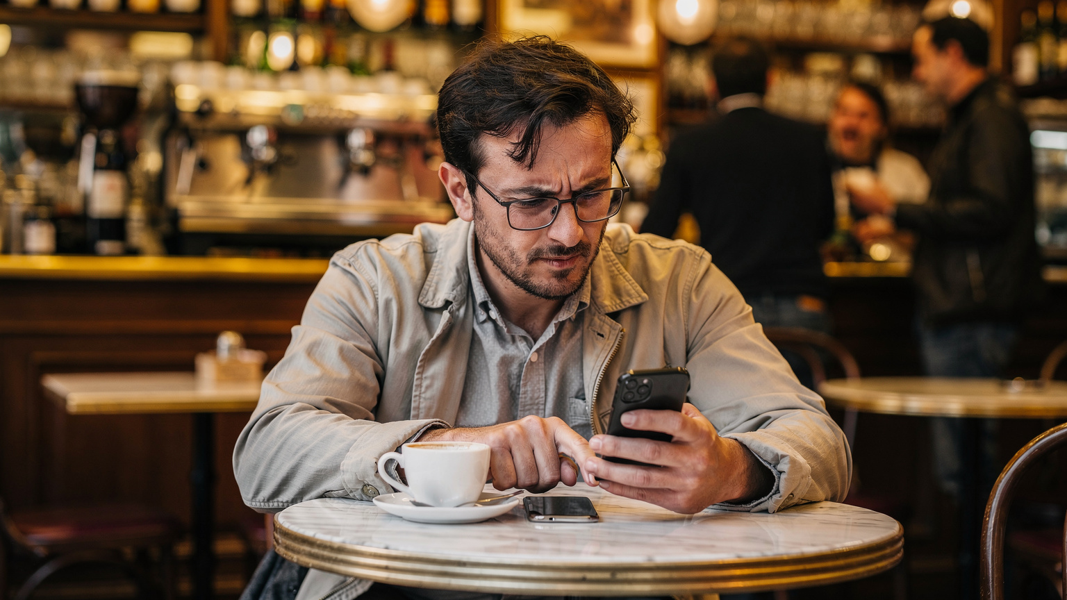 Un uomo con gli occhiali, seduto a un tavolino di un caffè affollato a Milano, consulta il suo smartphone con un'espressione di frustrazione, mentre il caffè è quasi finito.