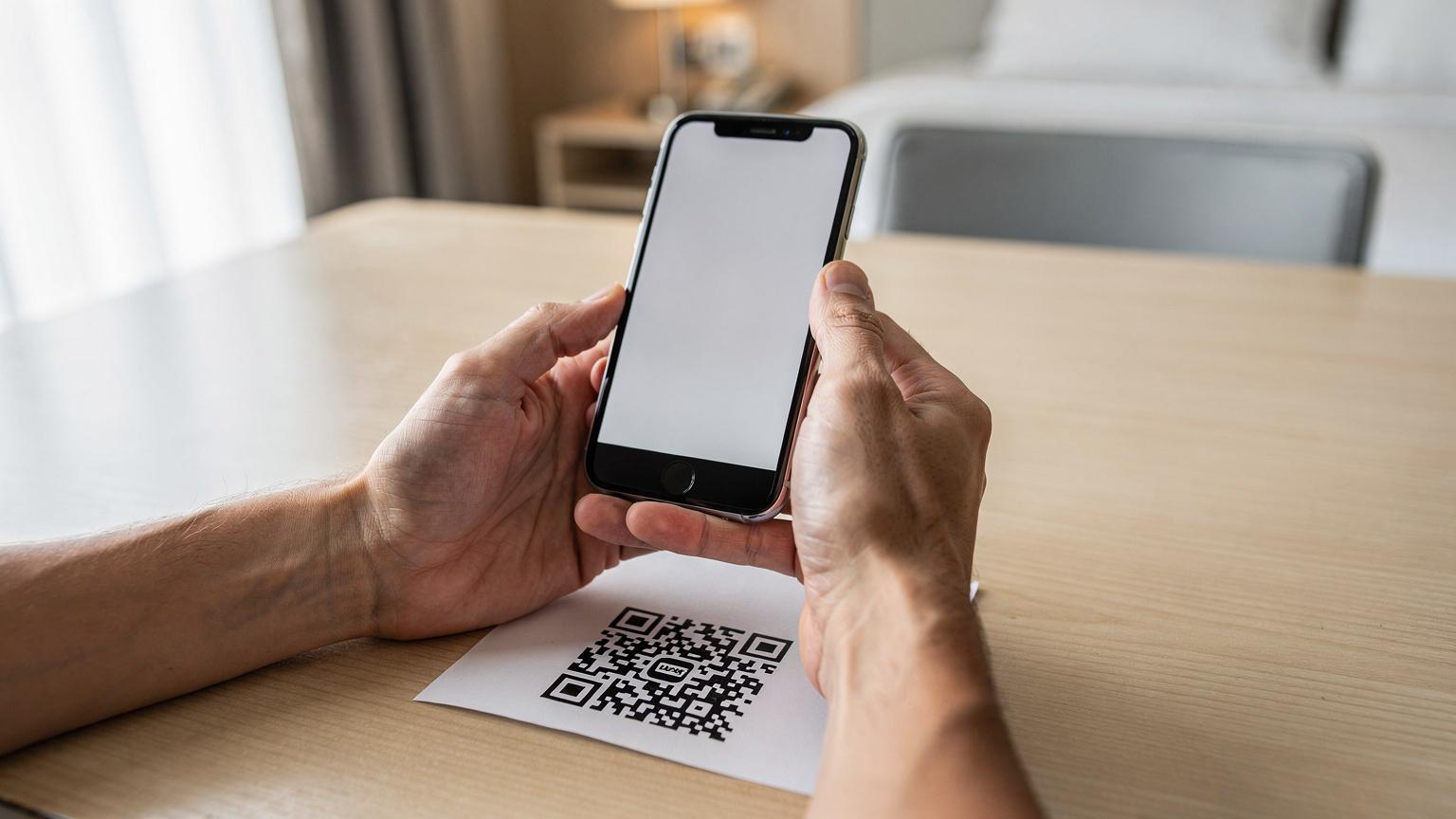 Närbild på en resenärs händer som noggrant håller en mobiltelefon över en QR-kod på en pappersutskrift, med fokus på att skanna koden. Bakgrunden är diskret suddig, visar delar av ett hotellrum.