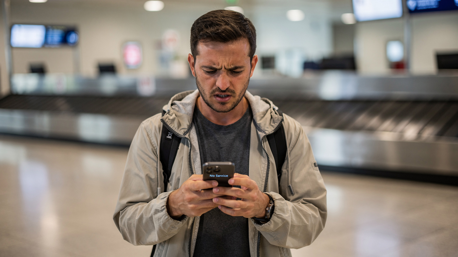 En resenär står vid ankomsthallen på Tirana International Airport (TIA) med en orolig blick mot sin telefon, som visar 'Ingen tjänst'. Bagagebandet är tomt i bakgrunden.