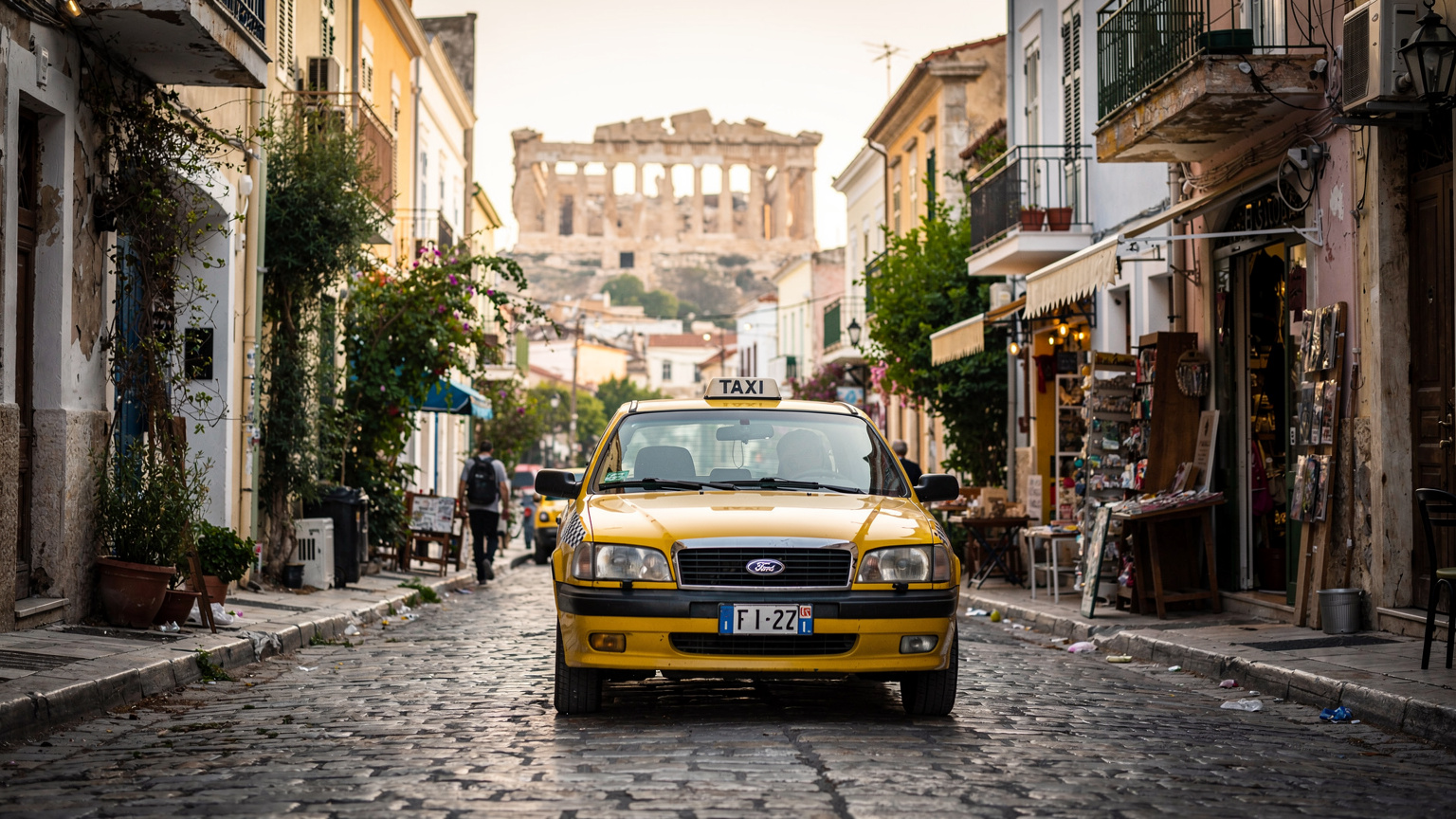 En gul græsk taxa kører gennem de smalle gader i Plaka-kvarteret i Athen med Akropolis i baggrunden.