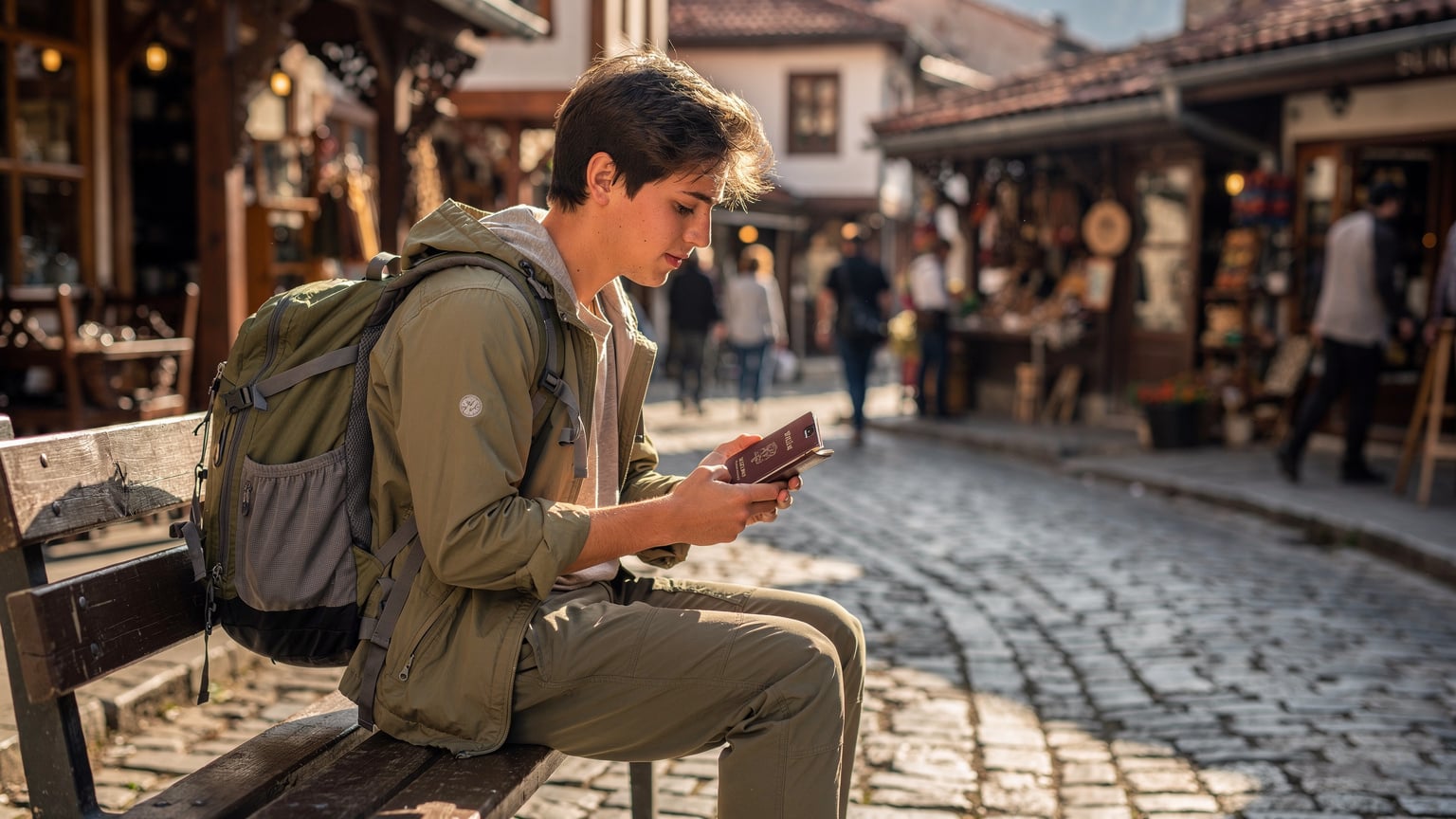 Bosna Hersek'in Saraybosna şehrindeki Başçarşı'da, geleneksel bir kahvehanenin önünde, elinde pasaportu ve telefonunda haritası olan genç bir gezginin fotoğrafı.