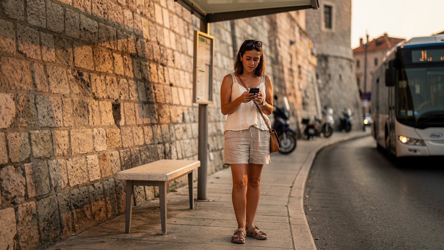 Hırvatistan'ın Dubrovnik şehrinde, eski şehir surlarının yakınındaki bir otobüs durağında, otobüs beklerken telefon ekranına endişeli bir şekilde bakan genç bir kadının fotoğrafı.