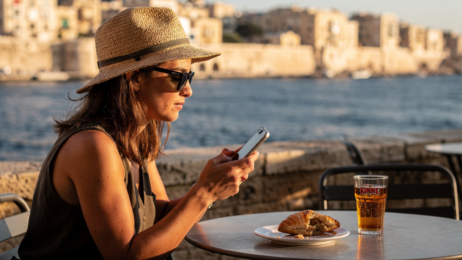Woman checking her smartphone at a cafe overlooking Valletta's Grand Harbour in Malta, considering roaming costs.