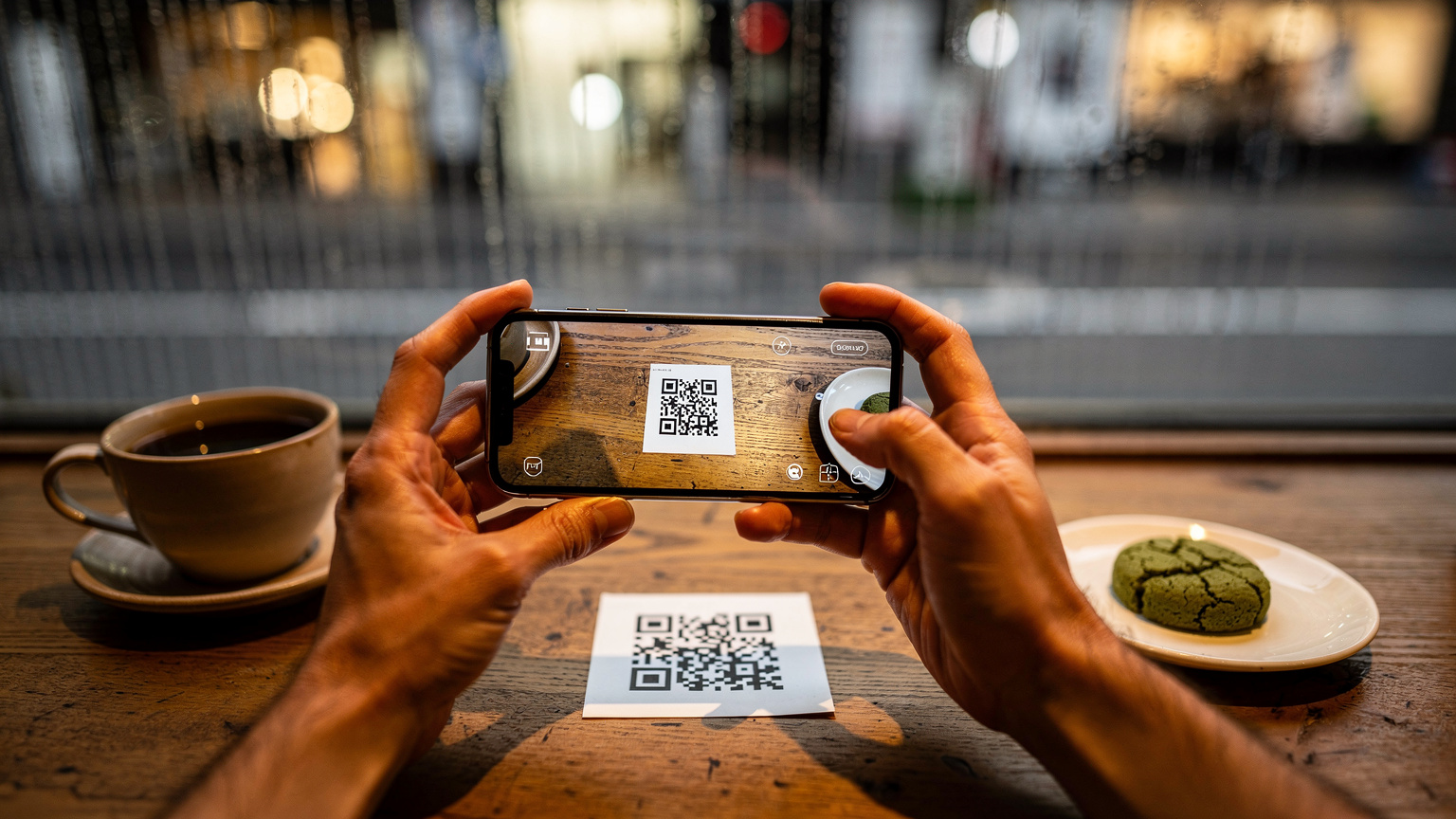 Tangan sedang memindai QR code eSIM di sebuah kafe di distrik Shibuya, Tokyo, dengan secangkir kopi di sampingnya.