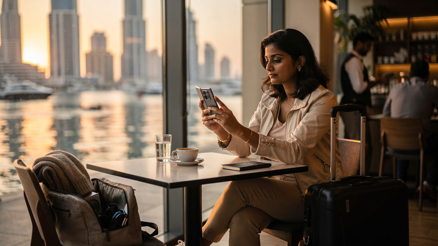 Woman with Fold 6 phone in a Dubai cafe, overlooking Marina skyline at sunset, planning travel
