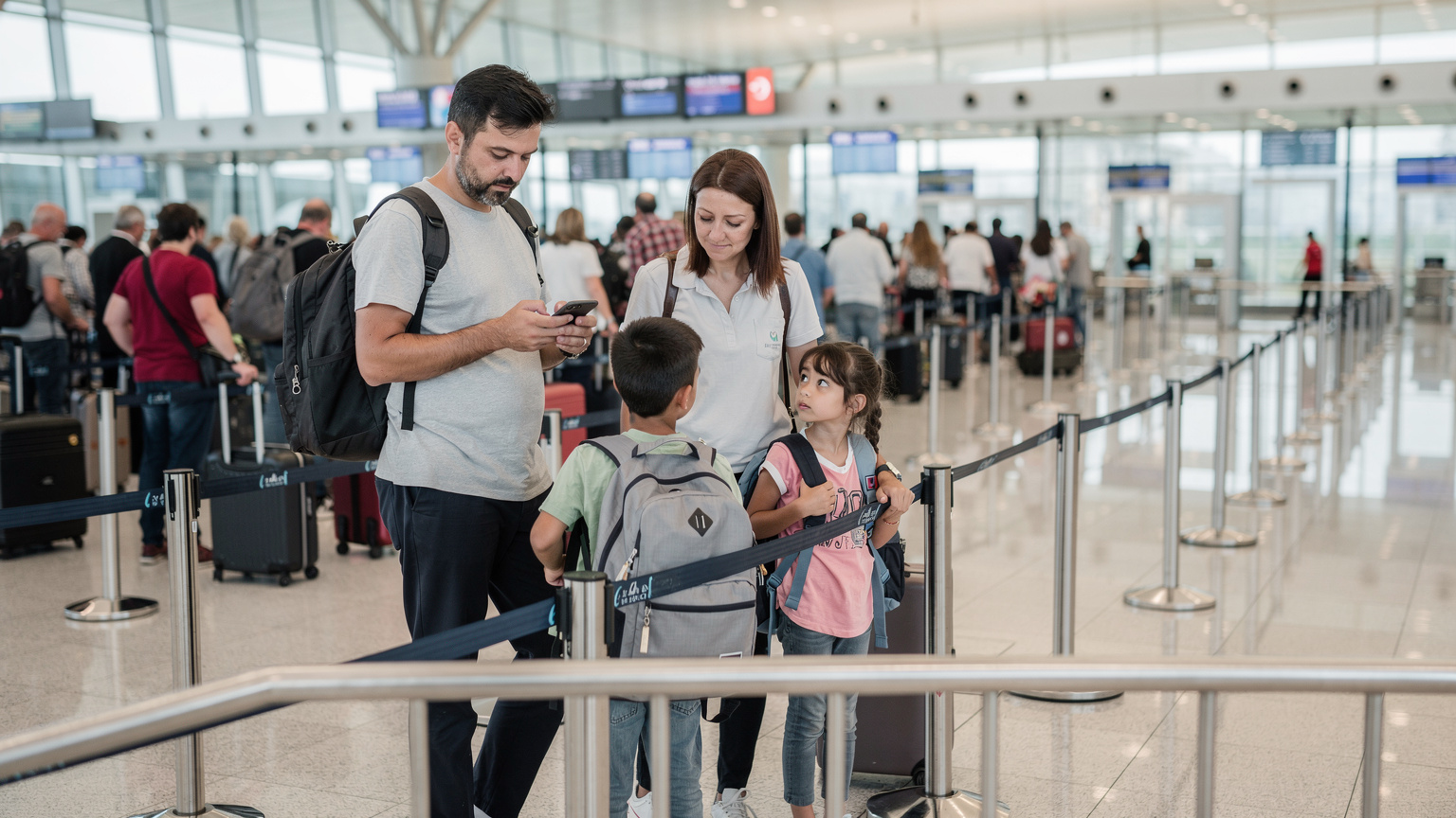İstanbul Havalimanı'nda, pasaport kontrolünden geçmek için sırada bekleyen, biri cep telefonunda biletini kontrol eden bir ailenin görüntüsü, arka planda yoğun bir kalabalık ve uçağa biniş kapıları seçiliyor.