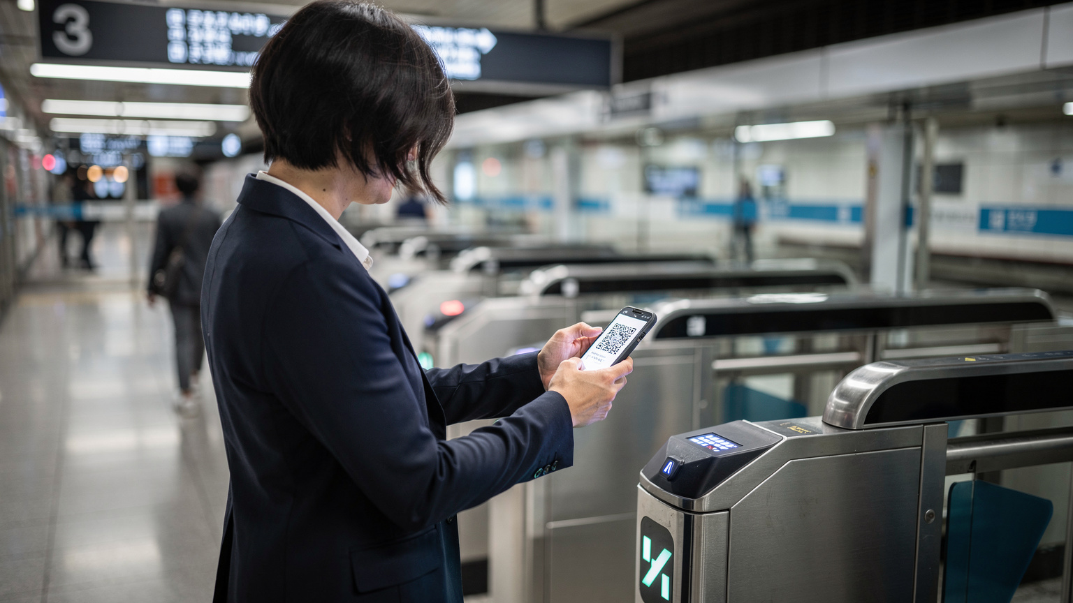 A traveler discreetly uses their phone to scan a QR code at a brightly lit, modern transit ticket gate within the Seoul Metro system, with other commuters passing by in the background.