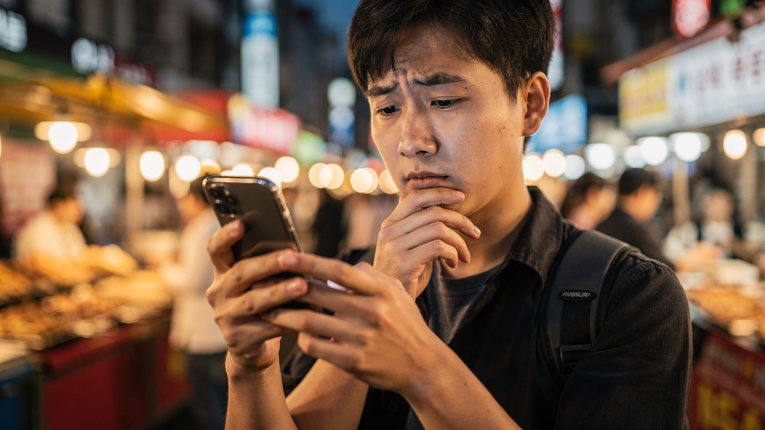 A close-up of a traveler's hands, one holding a smartphone with a concerned expression on their face, while the other hand rests near their chin in thought, against a blurred background of a bustling Seoul street food market.