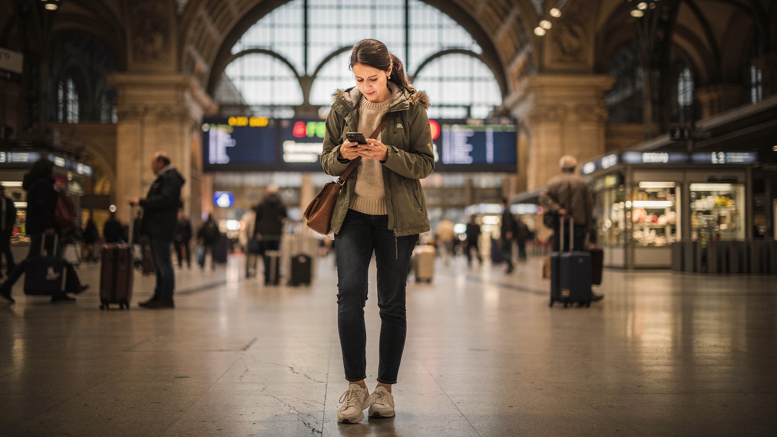 A digital nomad standing in a busy Milan train station, looking intently at their phone screen with a slight frown of concentration, surrounded by blurred commuters.