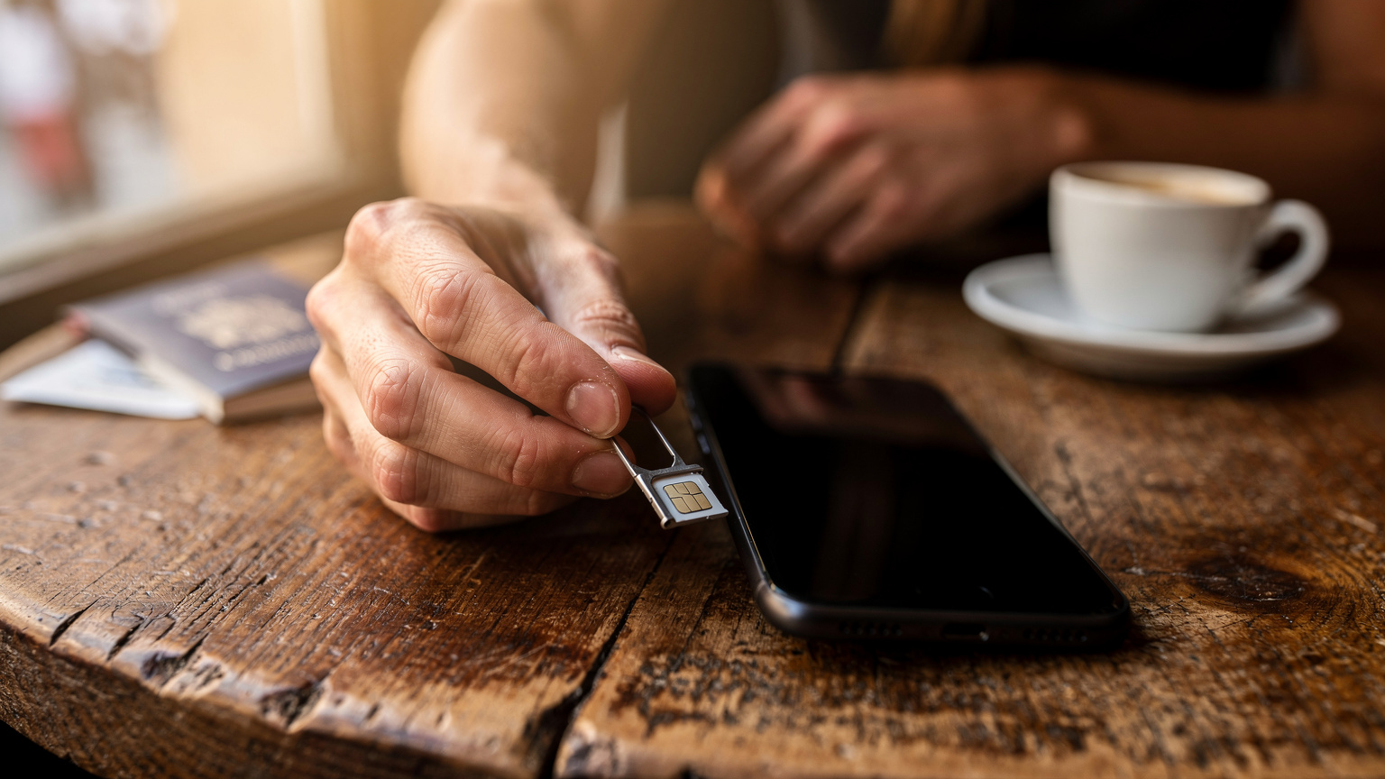 A traveler's hands carefully removing a physical SIM card from a phone's tray, with a European passport and a small espresso cup on a cafe table in the background.