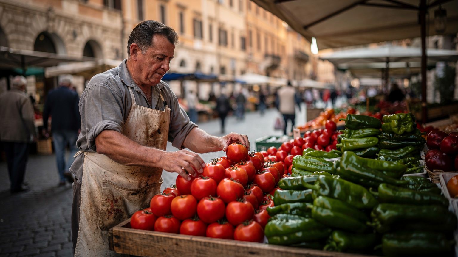 A bustling street market in Rome, with a vendor meticulously arranging colorful fresh produce on a stall, early in the morning with long shadows across the cobblestones.