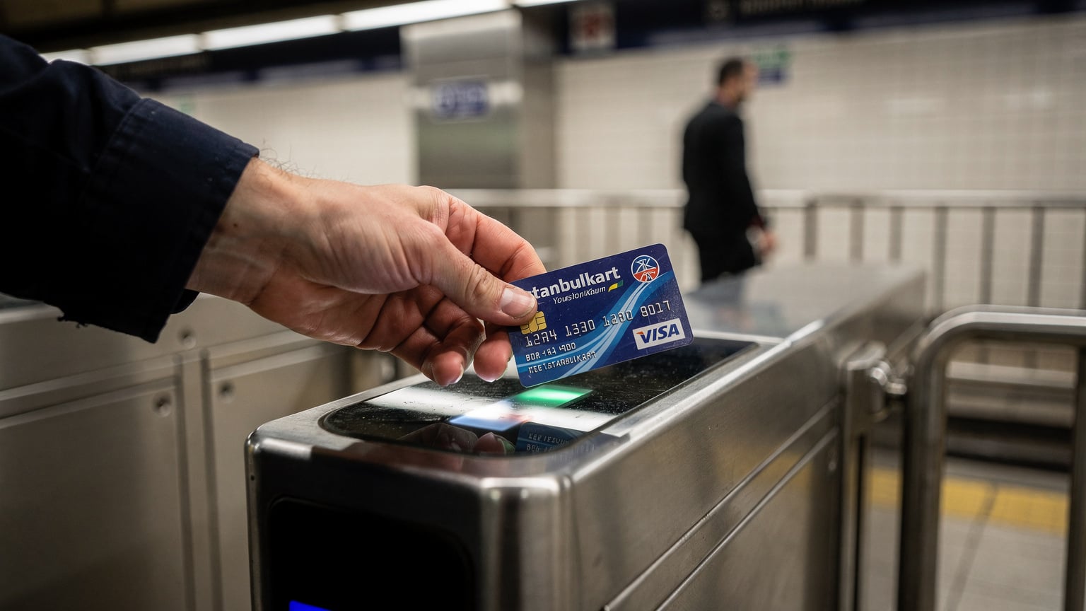 Catraca do metro de Istambul em Kadıköy com pessoa a passar o Istanbulkart