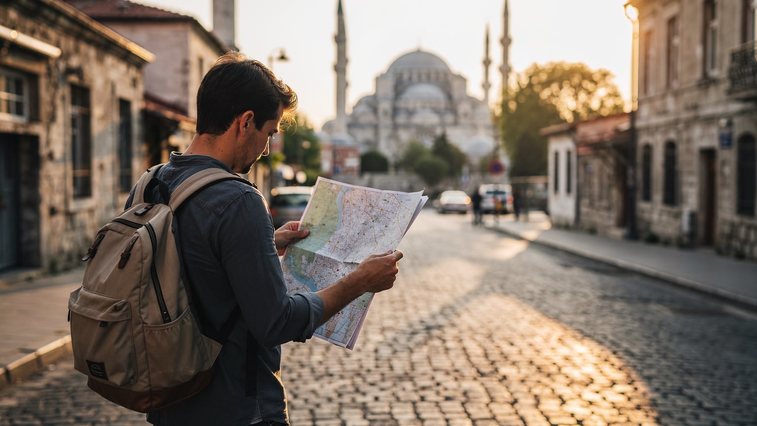 Pessoa a ler um mapa em papel numa rua de Sultanahmet, sem telemóvel, luz dourada