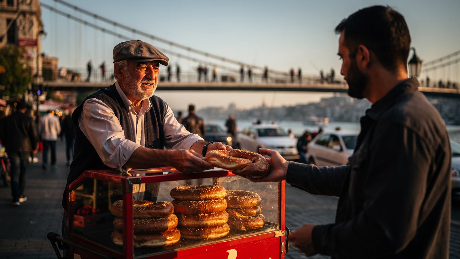 Vendedor de simit em Eminönü ao entardecer, com a ponte de Gálata ao fundo e luz dourada